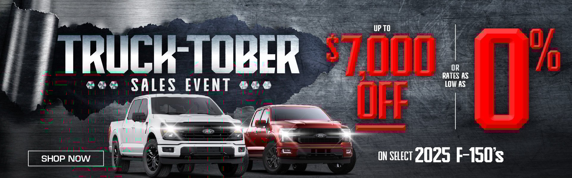 2025-10_MTF_Truck-ober-OCT_1920 × 600_F150 Promotional graphic featuring two 2025 Ford F-150 trucks (white and red) on a dark steel background. Bold red text says “Up to $7,000 off or rates as low as 0% on select 2025 F-150’s.” Mid-Town Ford Winnipeg logo in the corner.